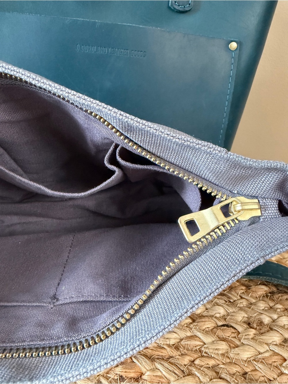 Portland Leather Goods Crossbody Tote in Westward Blue w/ Gray Canvas Organizer - Picture 11 of 15